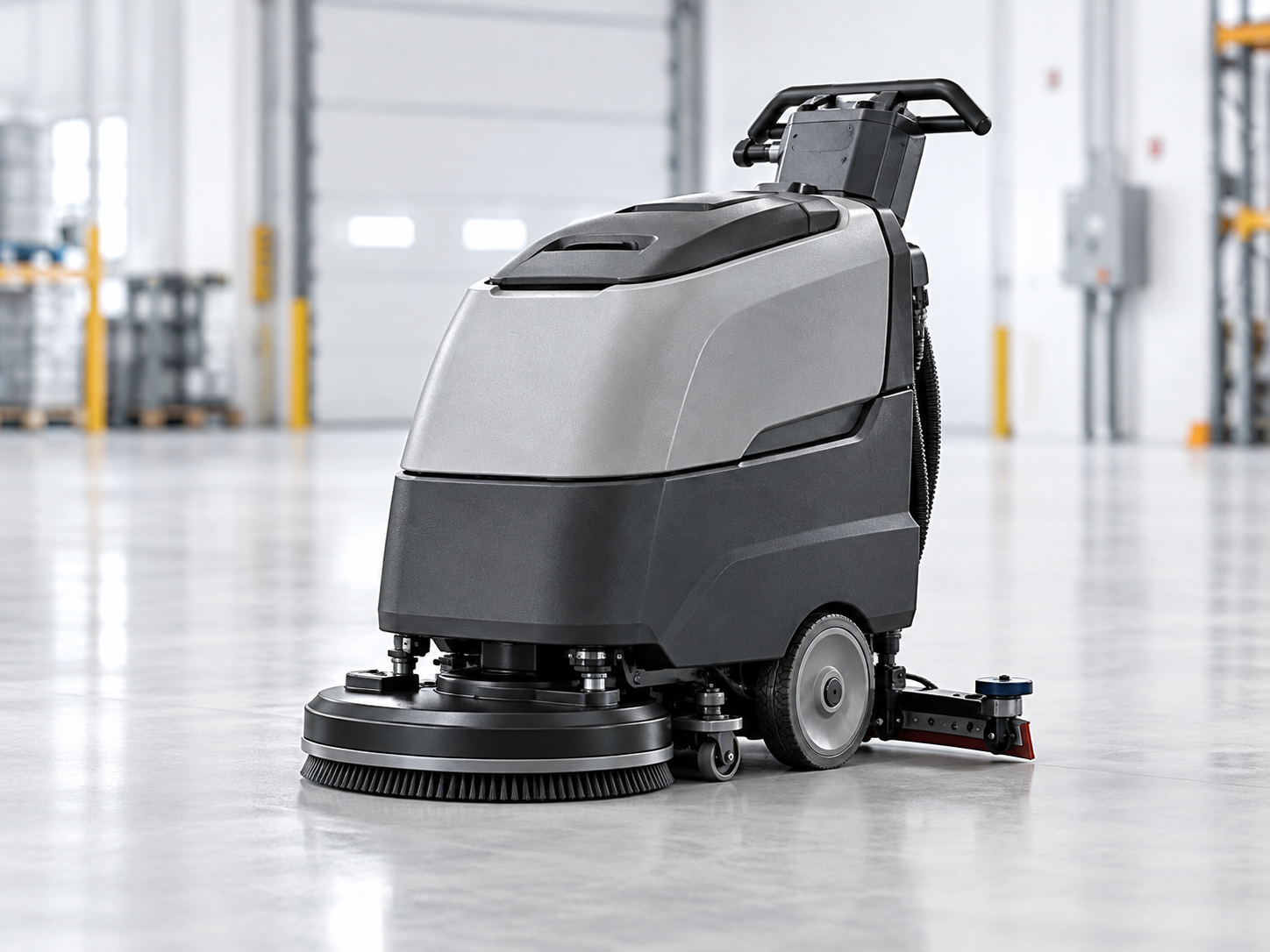 Battery-powered industrial floor scrubber in a warehouse