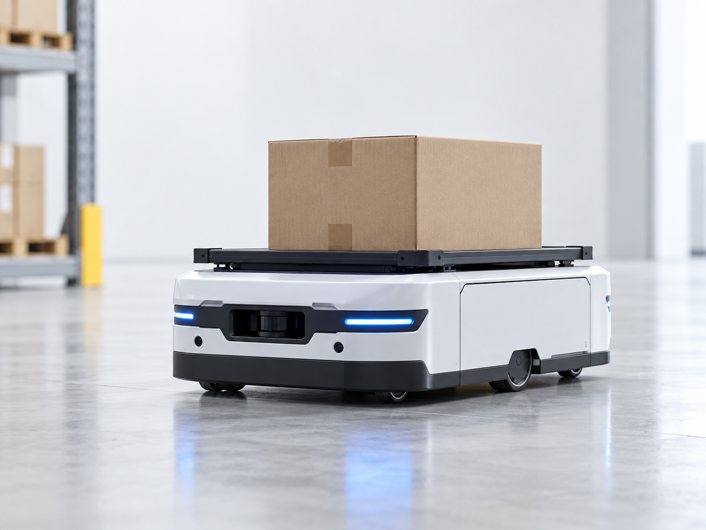 Autonomous mobile robot transporting a package in a warehouse